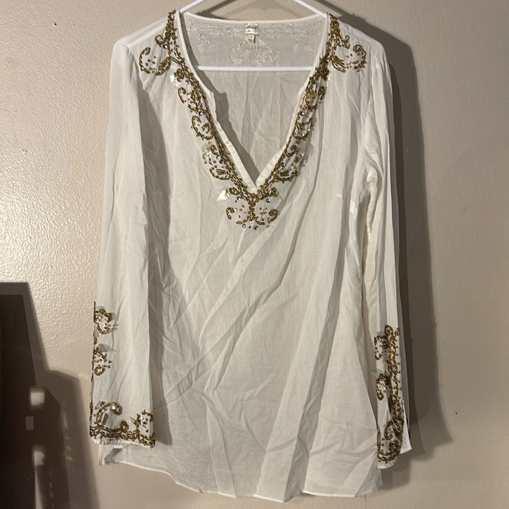 Future Paradise elegant ivory blouse size4 gold beads EUC. 100 % cotton coverup